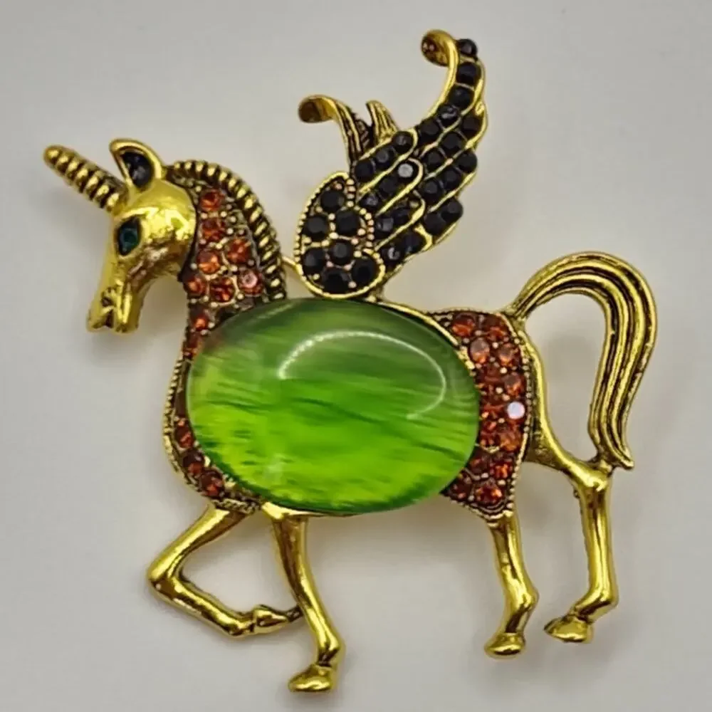 Winged Unicorn Brooch Green Jelly Belly w/ Black Crystal Wings Gold Tone Metal